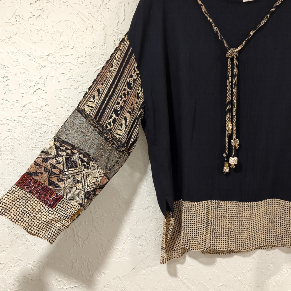 Vintage Carole Little Black and Tan Patterned Blouse - Women's 16 Tribal Animal - Picture 6 of 14